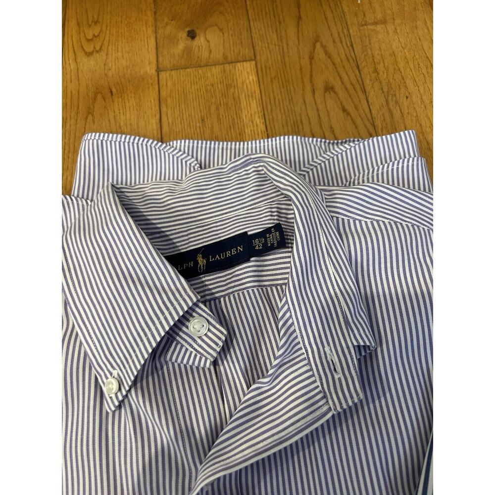 Two Ralph Lauren Polo Button Down Striped‎ Dress Shirt Size 16.5 42 Purple/ Blue - Picture 2 of 9